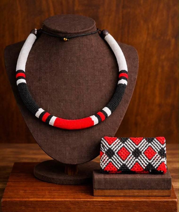 Red, white and black beaded rope necklace with a matching patterned cuff