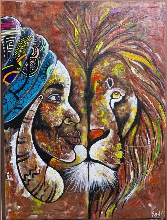 Acrylic painting of a Tanzanian woman in a kitenge headwrap merging with a lion