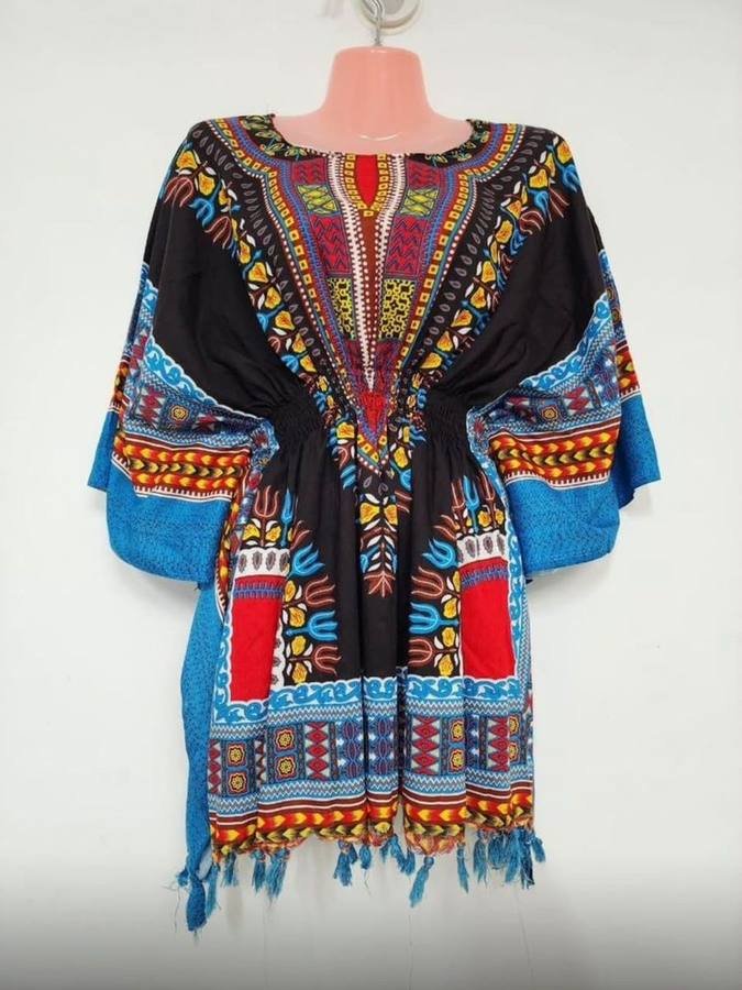 Dashiki kaftan top in black and blue printed cotton, sewn to measure