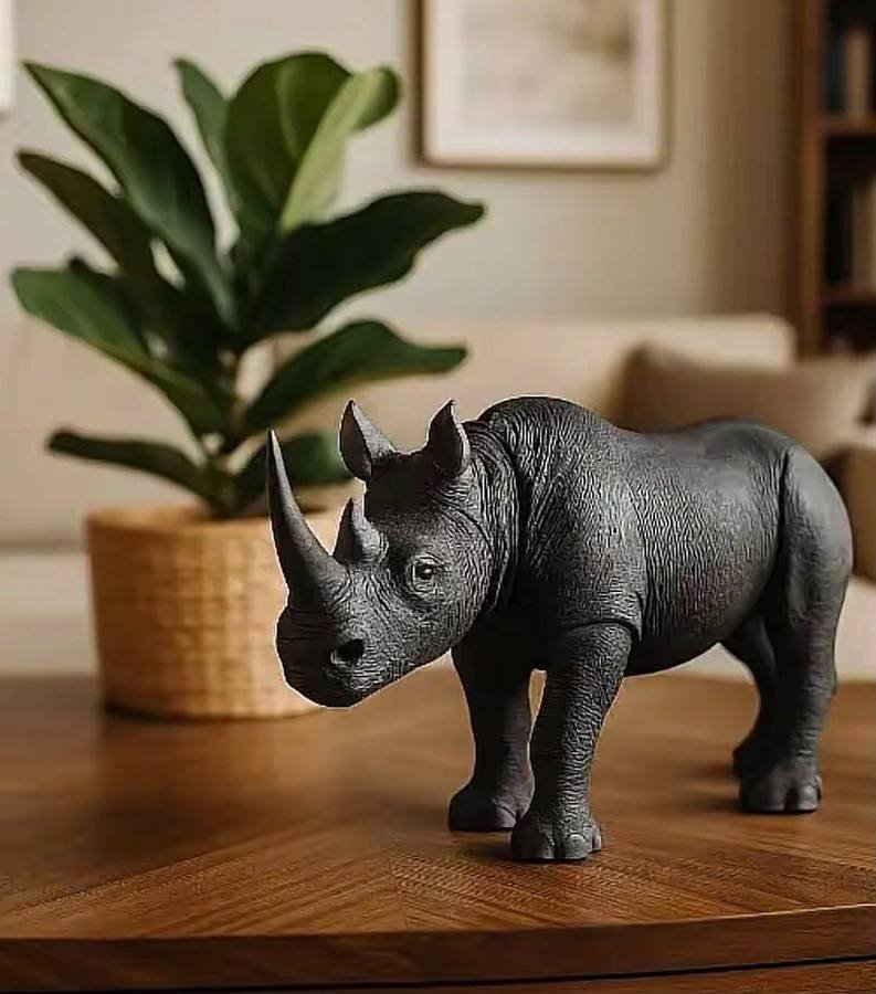 Hand-carved rhinoceros sculpture with textured skin displayed on a wooden table