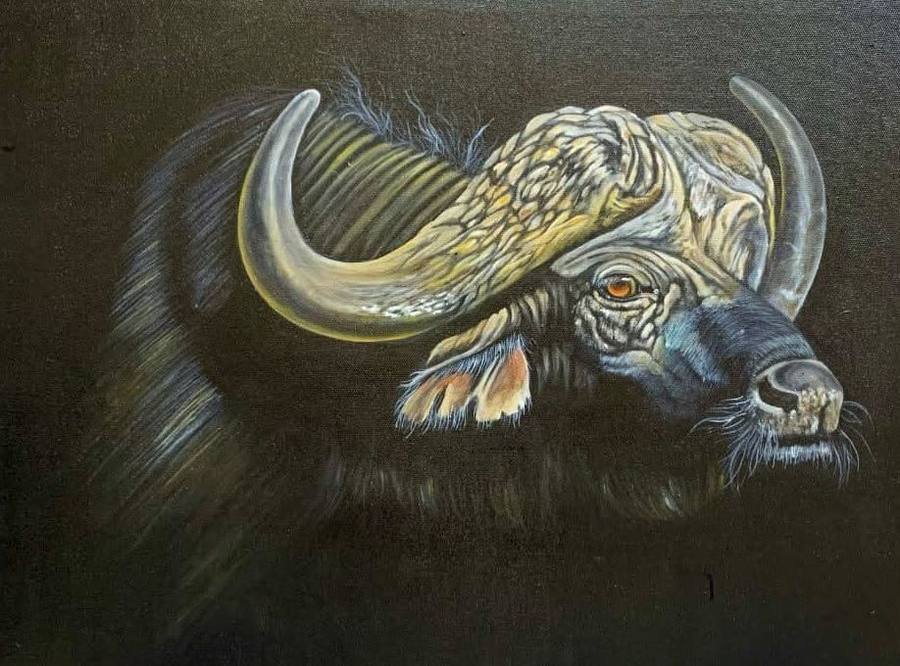 Acrylic painting of a cape buffalo with heavy curved horns emerging from darkness