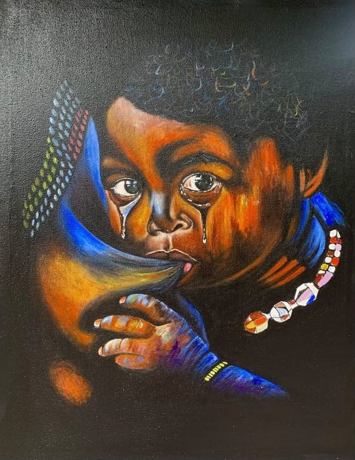 Acrylic painting of a child holding a blue and orange cloth, with beaded jewellery