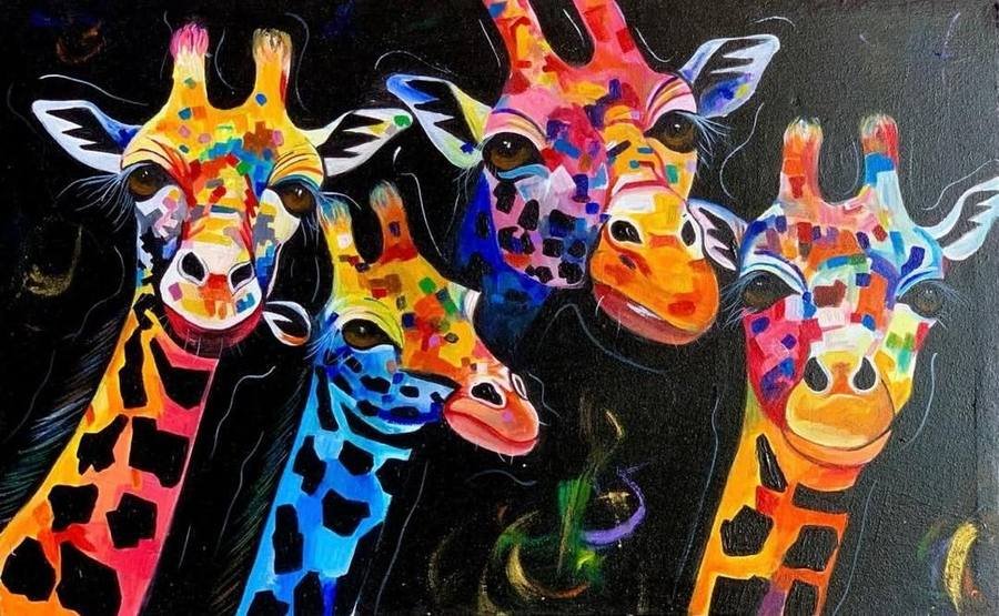 Bright multicoloured acrylic painting of five giraffes against a black background
