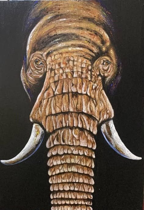 Acrylic painting of an elephant head and tusks in gold and brown on a black ground