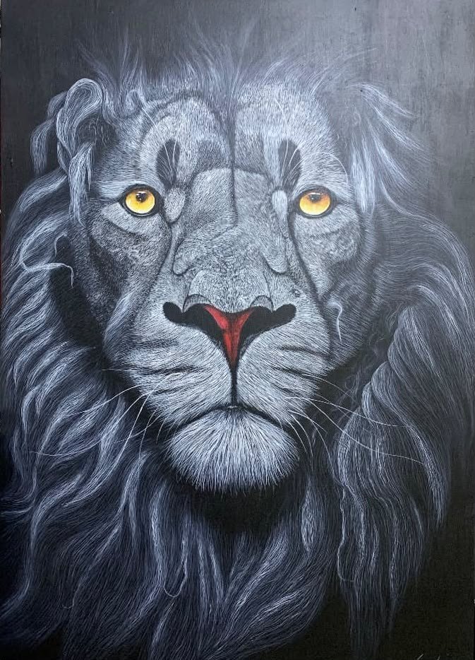 Large acrylic painting of a silver grey lion facing forward with amber eyes on a dark ground