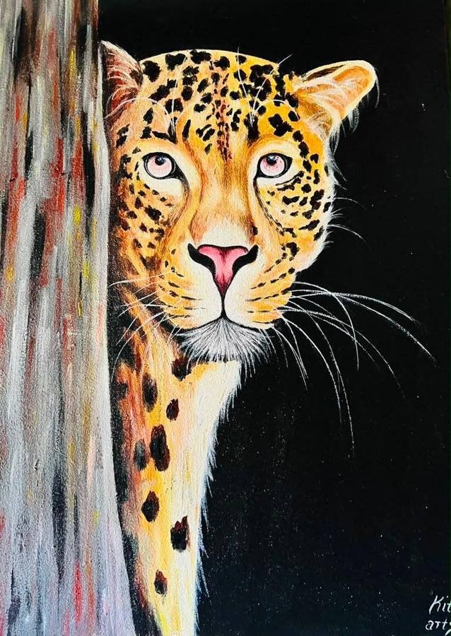 Acrylic painting of a golden leopard looking out from behind a tree trunk on a black ground