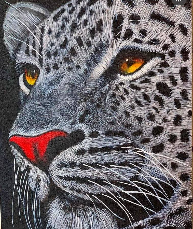 Close-up acrylic painting of a leopard's face with amber eyes and a red nose