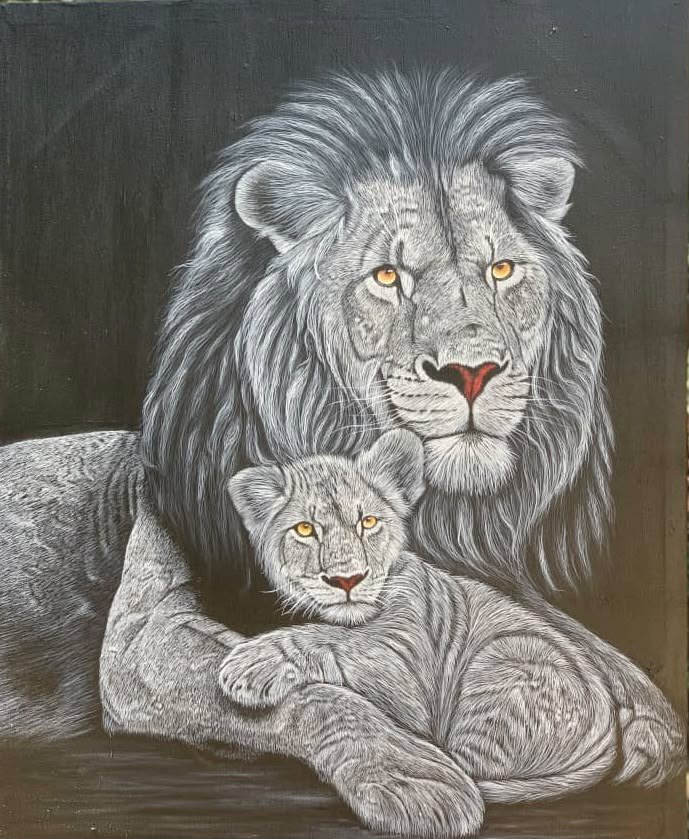 Acrylic painting of a silver maned lion lying beside its cub, both with amber eyes