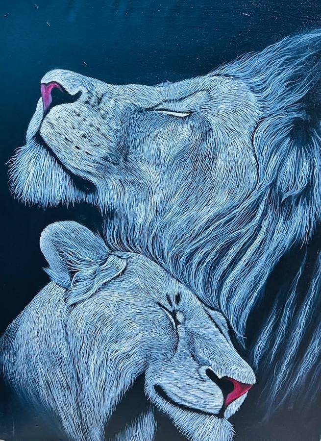 Acrylic painting of a lion and lioness resting head to head with eyes closed