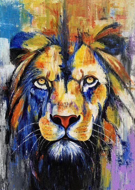 Acrylic painting of a lion built from blue, gold and orange brushwork