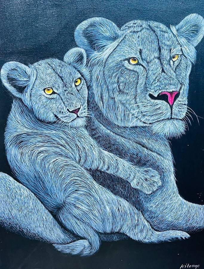 Acrylic painting of a lioness and her cub resting together in blue tones