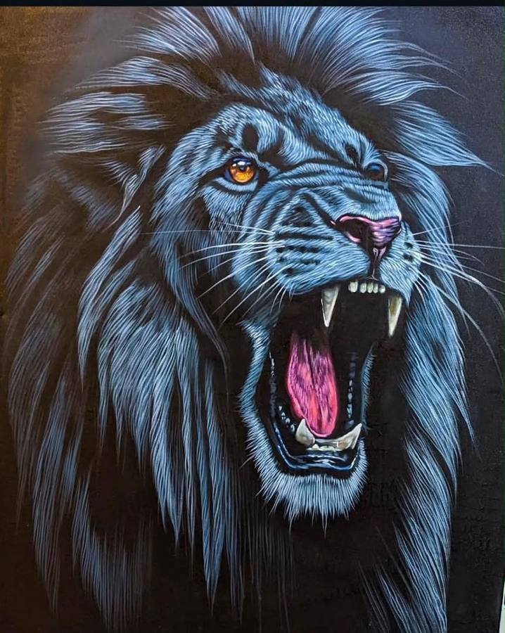 Acrylic painting of a roaring lion with a full mane in blue and white tones