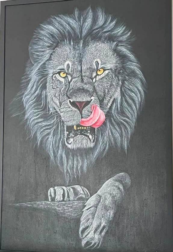 Framed commissioned acrylic painting of a lion, hung and ready to deliver