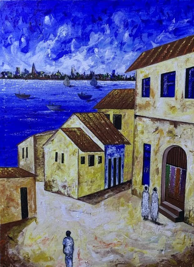 Acrylic painting of a coastal town with sailing dhows on deep blue water