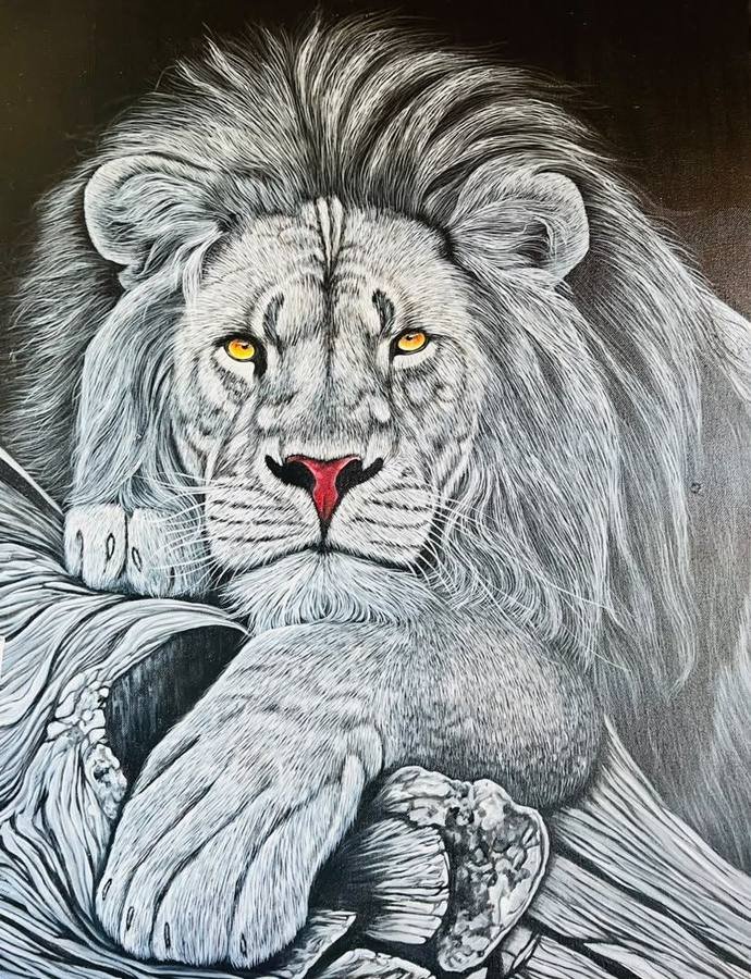 Acrylic portrait painting of a white lion with amber eyes resting on rock