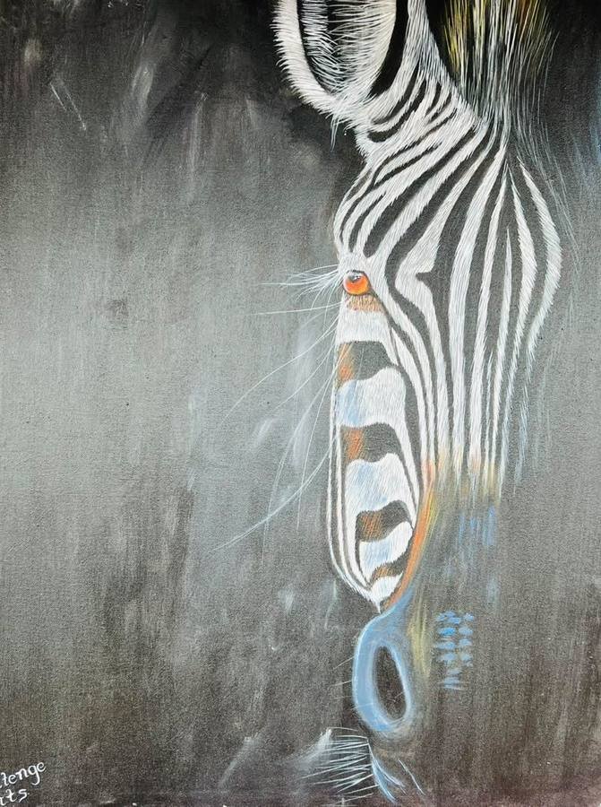 Acrylic painting of a zebra in white and black stripes against a soft grey ground